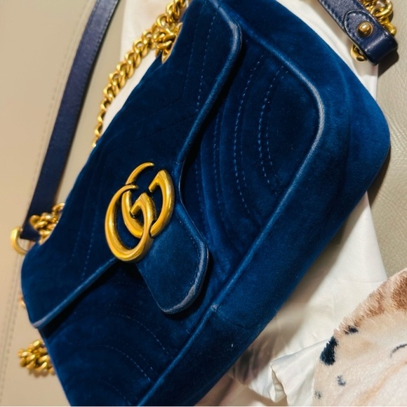 Gucci Cobalt Blue Velvet and Gold Small Marmont Shoulder Bag Authentic 2 - Picture 6 of 16